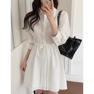式 韩国chic秋季 学院风翻领抽绳收腰显瘦纯色衬衫 法式 连衣裙女 新款