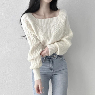 麻花针织衫 复古方领加厚百搭显瘦长袖 毛衣女 法式 韩国chic秋冬新款