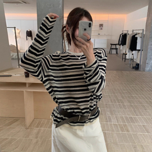 条纹针织衫 复古气质圆领撞色宽松百搭韩系长袖 女 新款 韩国chic秋季