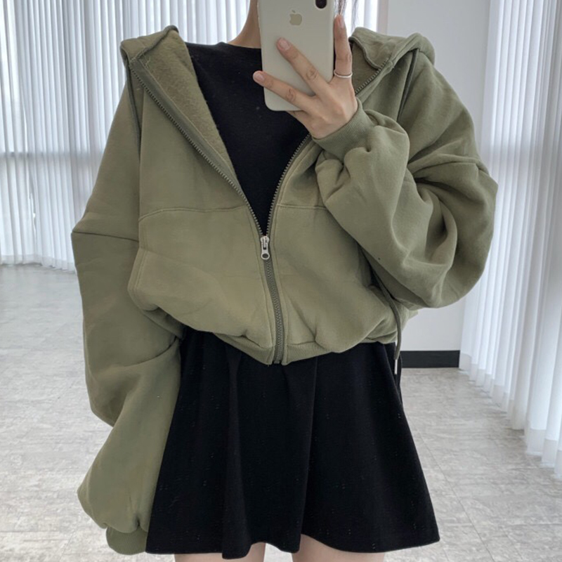 chic连帽抽绳拉链长袖卫衣外套女
