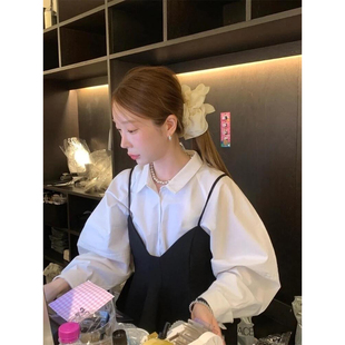 良良家韩系宽松BF风白色长袖衬衫女秋季百搭显瘦叠穿吊带背心套装