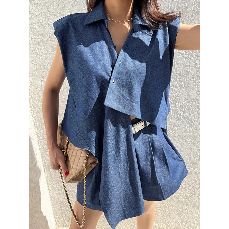 良良家设计感不对称牛仔背心衬衫女夏季新款复古高腰休闲短裤套装