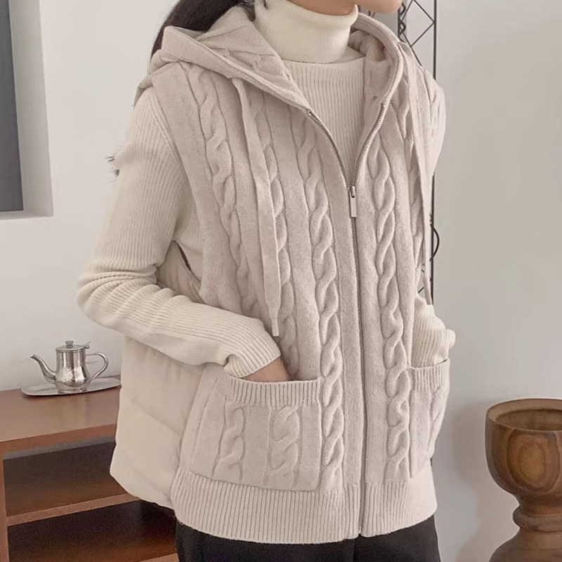 韩国chic秋冬复古小众拉链百搭显瘦麻花纹针织连帽毛衣马甲外套女
