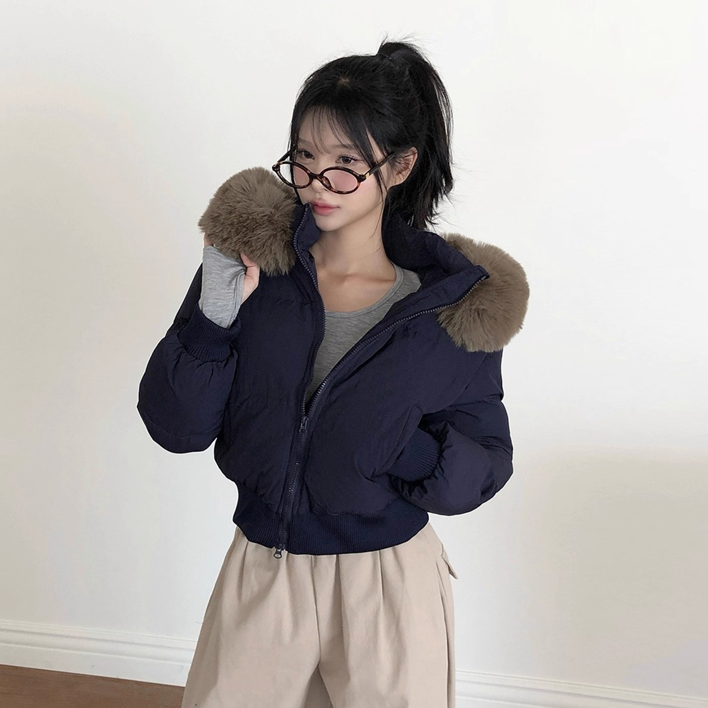 复古加厚短款大毛领连帽棉服外套