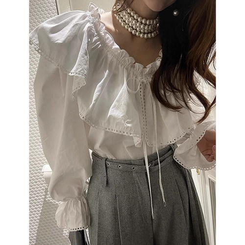 木耳边V领荷叶边系带长袖衬衫