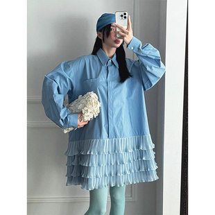 连衣裙短裙女 小众设计感翻领撞色拼接蛋糕衬衫 韩国chic春季 新款