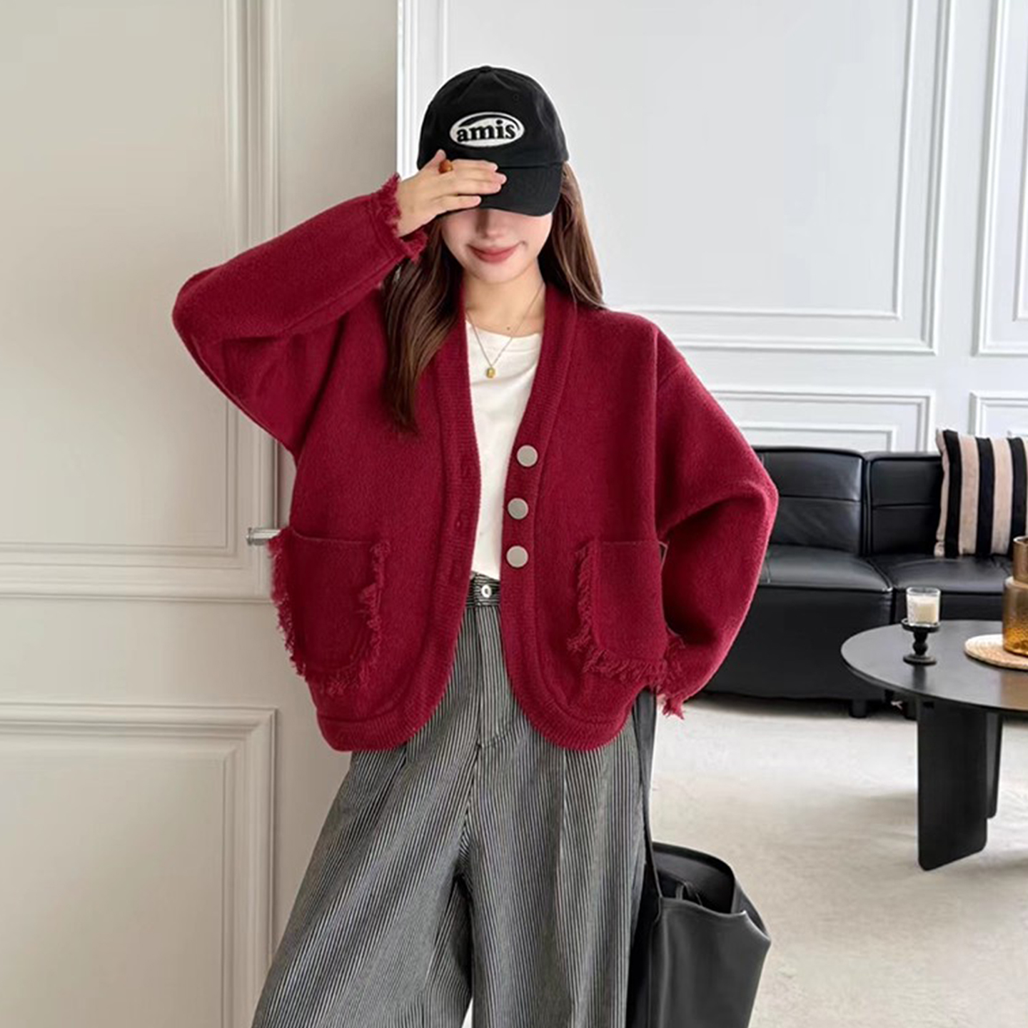 小众流苏大口袋针织开衫毛衣外套