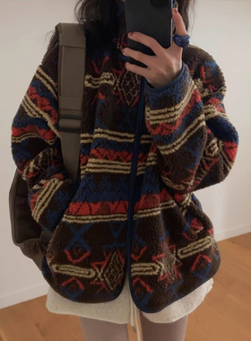 韩国chic秋冬复古民族风立领撞色提花设计感百搭长袖摇粒绒外套女