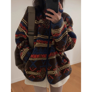 韩国chic秋冬复古民族风立领撞色提花设计感百搭长袖 摇粒绒外套女