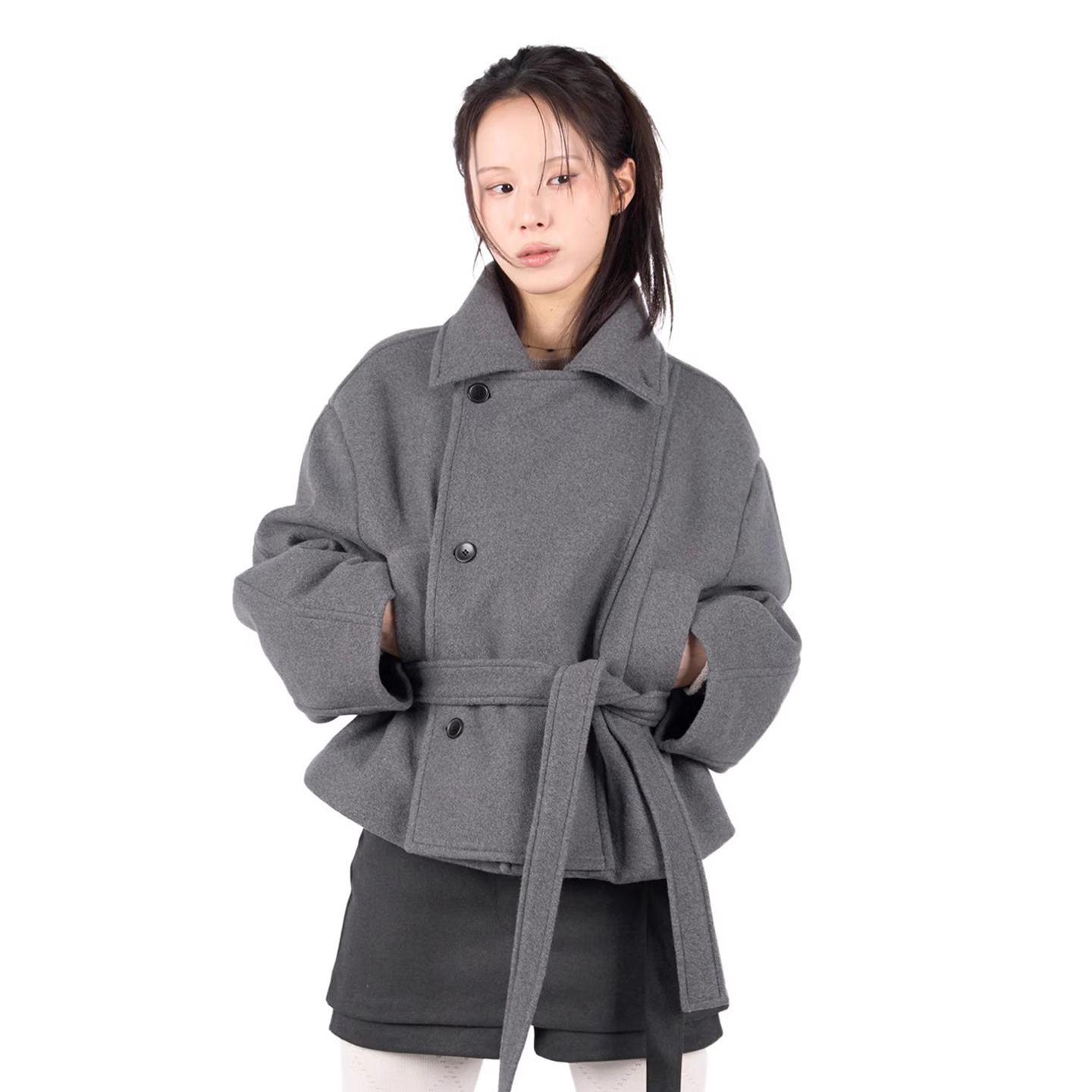 设计感斜边单排扣短款呢子大衣