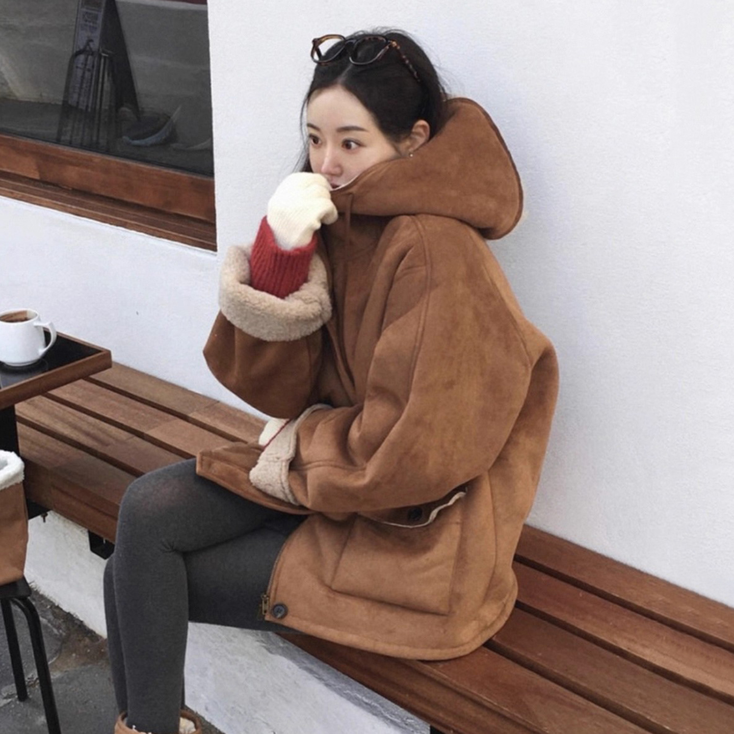 小众复古皮毛一体连帽棉服外套