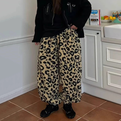 撞色豹纹羊羔毛哈伦裤束脚长裤