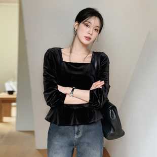 高级感方领露锁骨荷叶边下摆丝绒衬衫 女早春系带收腰显瘦百搭上衣