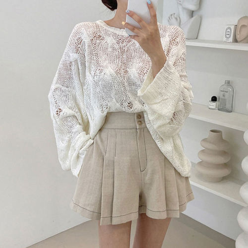 chic圆领镂空针织衫高腰百褶短裤