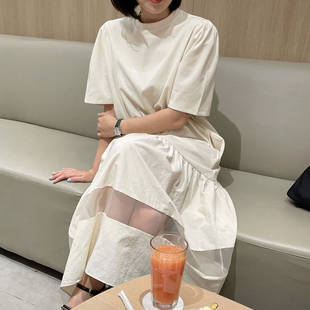 良良家设计感拼接透明网纱连衣裙女夏季新款法式显瘦长款蛋糕裙