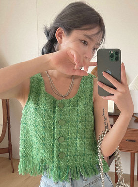 韩国chic夏季简约百搭U领流苏毛边单排扣粗花呢无袖背心马甲女