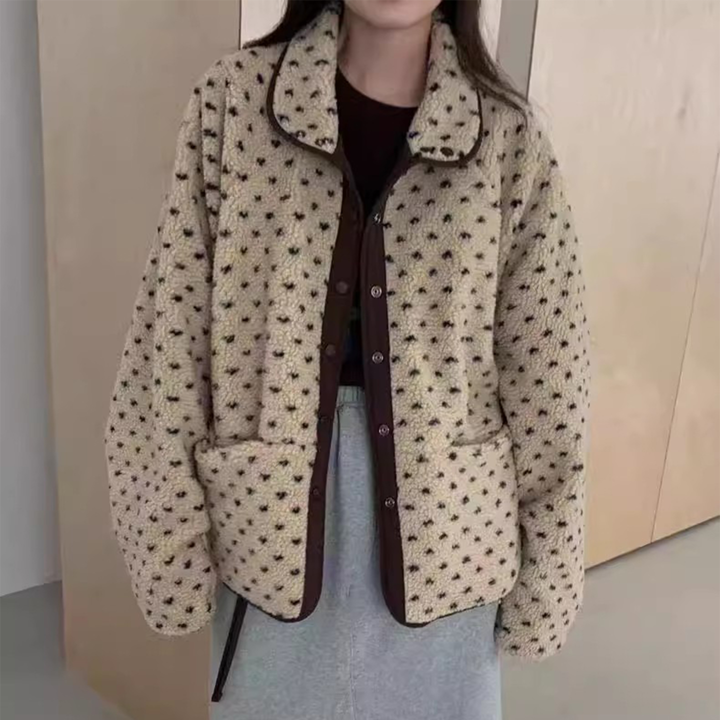 复古爱心印花羊羔绒棉服外套女