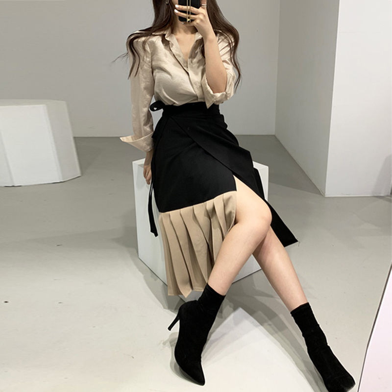 韩国chic气质翻领长袖系带女衬衫