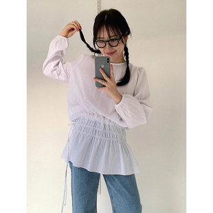 设计感小众百搭长袖 新款 条纹上衣 女春季 良良家侧边系带荷叶边衬衫