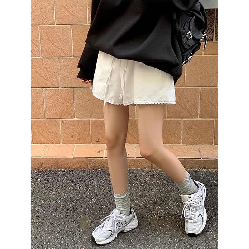 韩国chic春季减龄气质松紧腰系带宽松休闲拼接花边纯色阔腿短裤女,女装/女士精品,休闲裤,淘宝优惠券,粉丝福利购,淘宝优惠卷