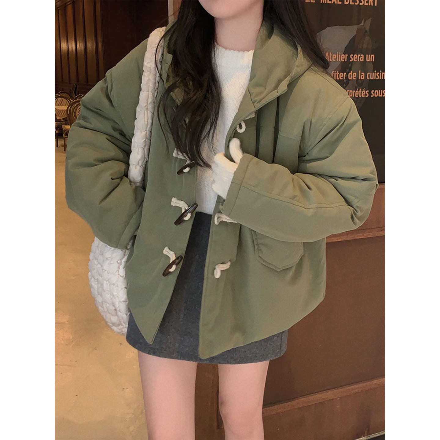 良良家韩系复古牛角扣连帽棉服外套女冬季新款宽松加厚保暖棉衣