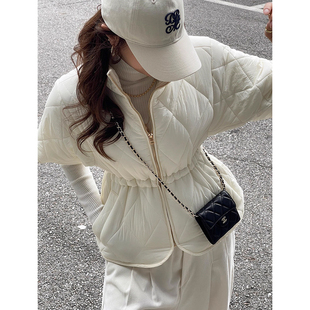 上衣 收腰显瘦短袖 设计感立领菱格夹棉马甲棉服外套女2025冬季 新款