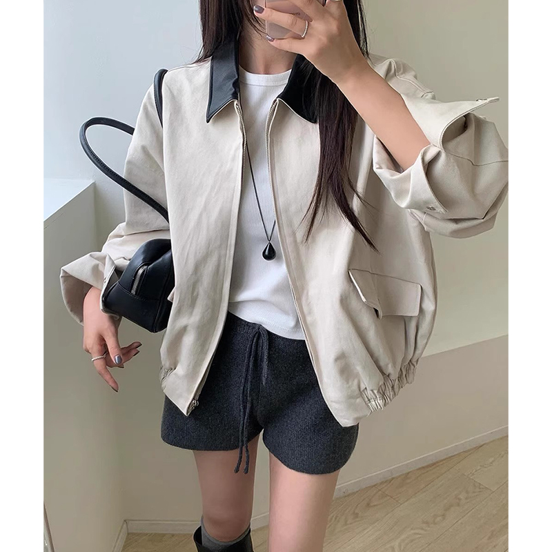 PU皮翻领宽松休闲长袖夹克短外套