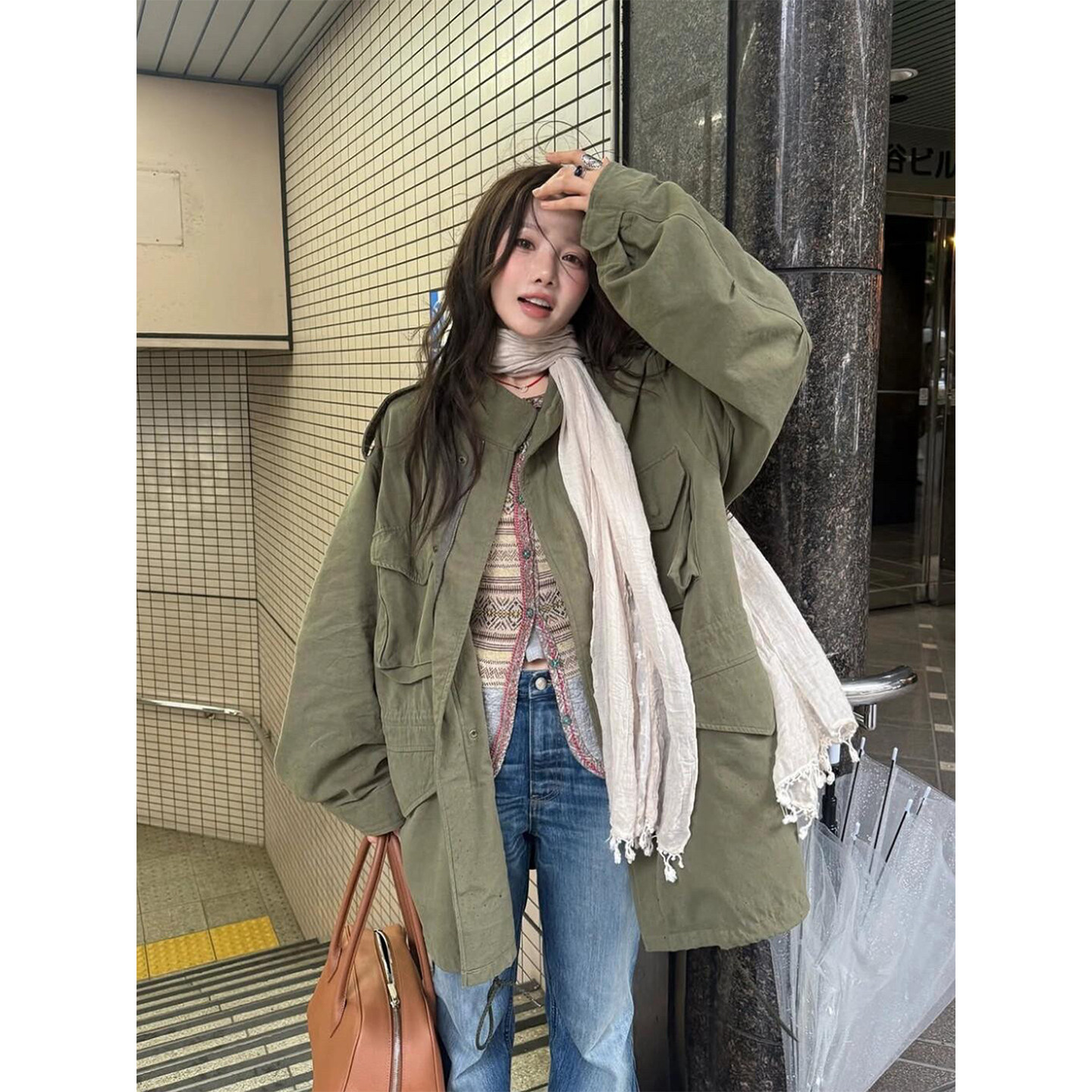 复古立领中长款工装风衣外套女图片