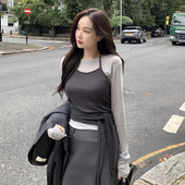 挂脖绑带针织吊带套装 韩国chic秋季 纯色长袖 打底T恤 法式 气质薄款