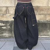 复古高腰阔腿长裤 新款 子 女2025冬季 设计感后背爱心口袋明线牛仔裤