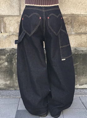 设计感后背爱心口袋明线牛仔裤女2025冬季新款复古高腰阔腿长裤子