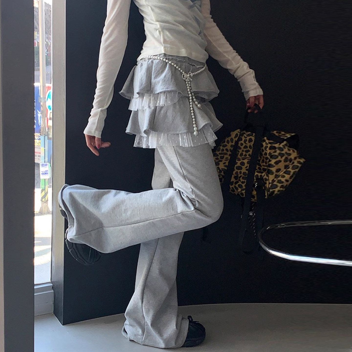 韩国chic秋季法式减龄拼接波点网纱蛋糕裙摆假两件微喇休闲长裤女,女装/女士精品,休闲裤,淘宝优惠券,粉丝福利购,淘宝优惠卷