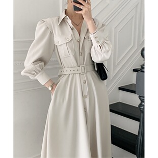 法式 新款 气质双口袋收腰长裙 连衣裙女秋季 良良家高级感单排扣长袖