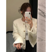 韩国chic冬季 气质小香风圆领金属单排扣宽松夹棉保暖毛呢短外套女