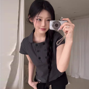 百搭正肩短袖 良良家韩国chic双排扣翻领短款 新款 女夏季 上衣 衬衫