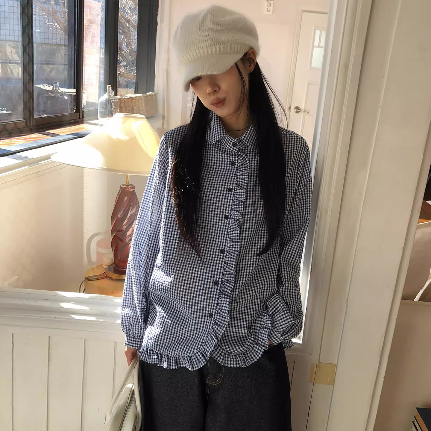 良良家 春季新款复古日系格子木耳荷叶边拼接翻领长袖衬衫衬衣女