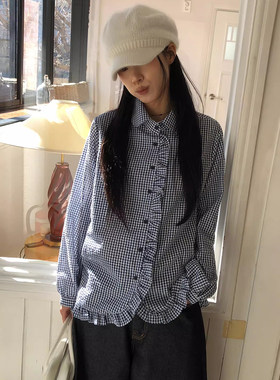 格子木耳荷叶边拼接翻领长袖衬衫