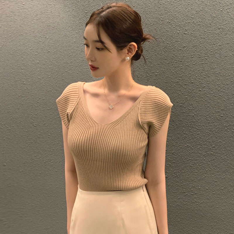 韩国chic夏季复古优雅前后V领弹力修身显瘦短袖套头坑条针织衫女