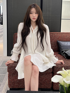 韩国chic小众设计光泽感系带连衣裙女宽松小个子喇叭袖衬衫裙子
