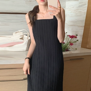 小众方领宽松纹理感设计无袖 韩国chic夏季 极简主义 吊带连衣裙女