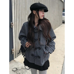 良良家学院风牛角扣短款毛呢外套女秋冬新款复古加厚保暖呢子大衣