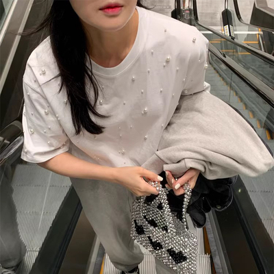 小众设计感大小珍珠点缀短袖T恤