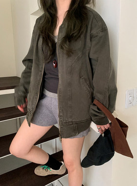 复古军绿色棒球服夹克短外套女