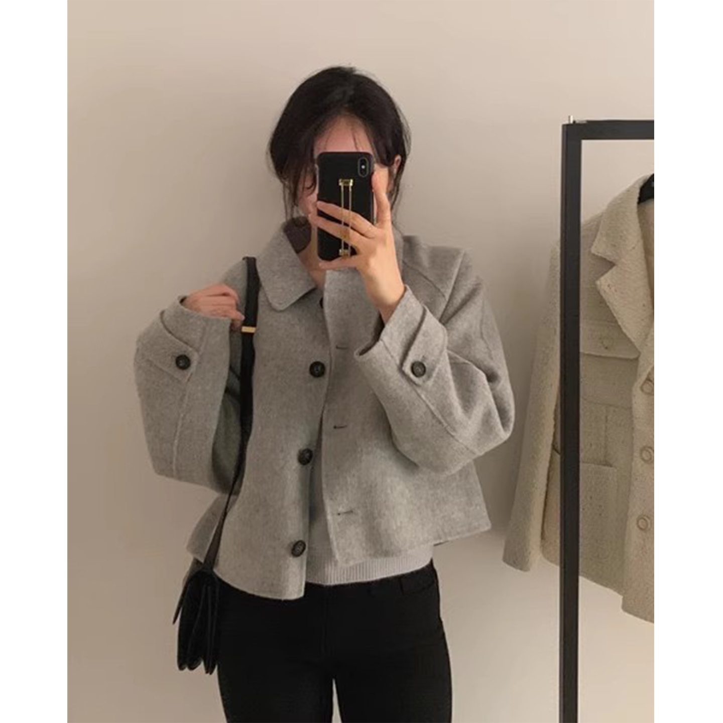 复古高级感灰色短款毛呢外套女