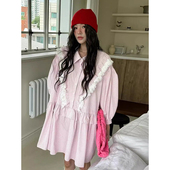 新款 良良家拼接蕾丝花边条纹衬衫 连衣裙女春季 甜美减龄宽松短裙子