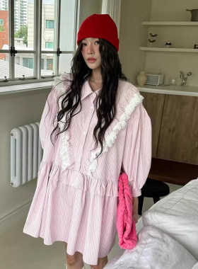拼接蕾丝花边条纹衬衫连衣裙短裙