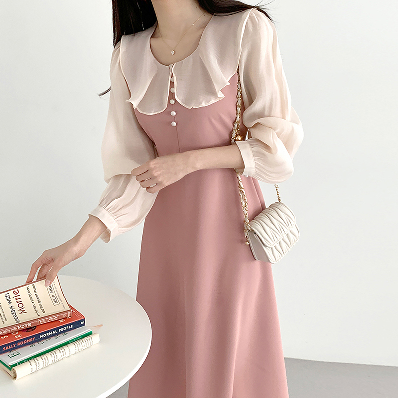 法式撞色荷叶领微透泡泡袖连衣裙