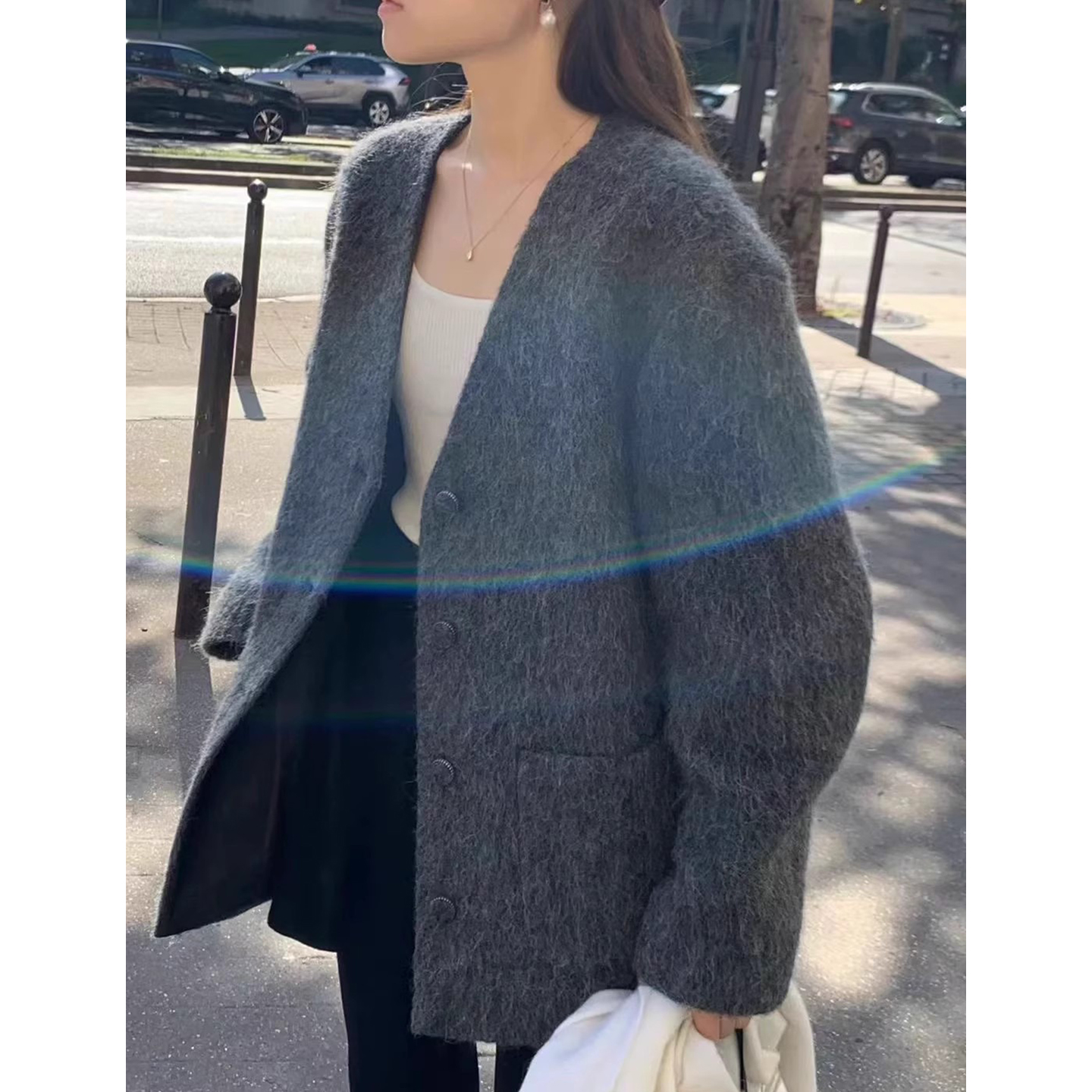 复古毛茸茸双口袋V领毛呢短外套