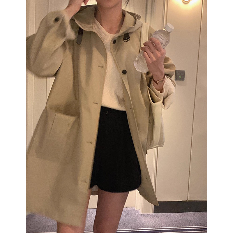 韩国chic秋季新款法式英伦风翻领宽松口袋中长款连帽式风衣外套女