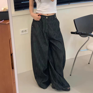良良家复古小众洗水牛仔裤拖地裤女夏季新款韩系高腰阔腿裤长裤子